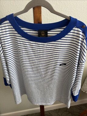Vecceli Italy Blue & White Striped Boatneck Top with Gold Buttons Size L